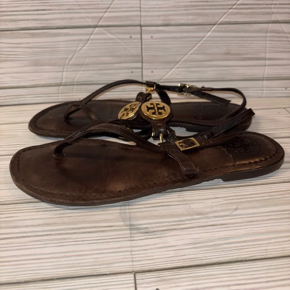 Tory Burch Brown Leather Logo Thong Sandals with Gold Hardware